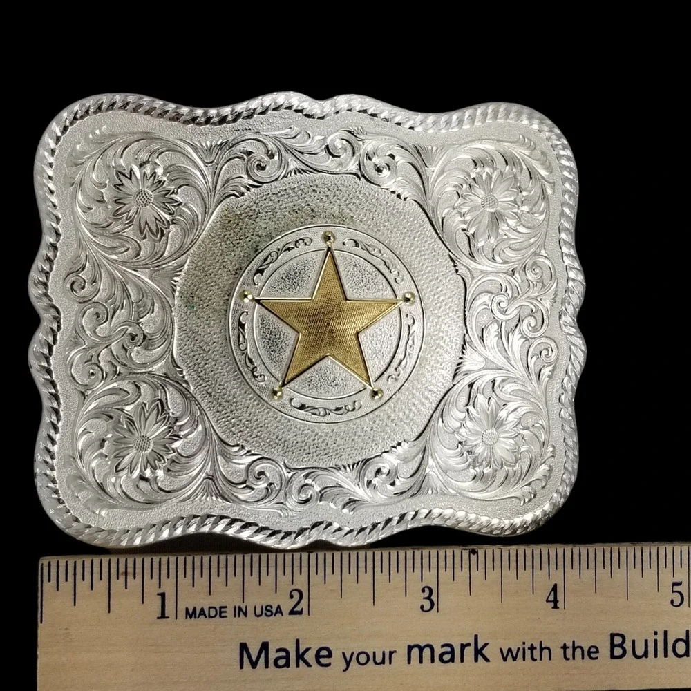 Montana Silversmiths Western Lone Star Belt Buckle Silver Tone Gold Star Texas - Picture 10 of 11